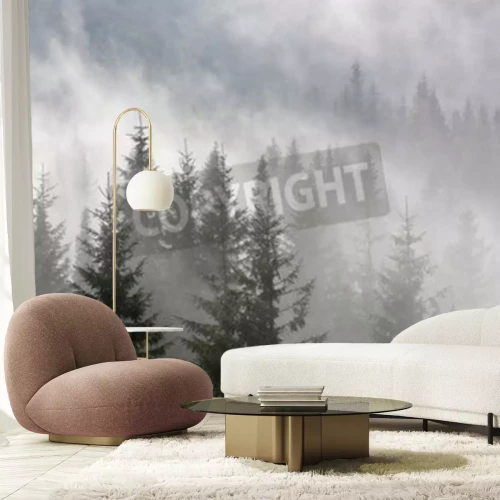 Fotobehang Kerstbomen op de achtergrond van een mistige bos