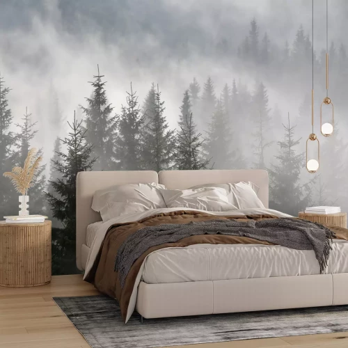 Fotobehang Kerstbomen op de achtergrond van een mistige bos