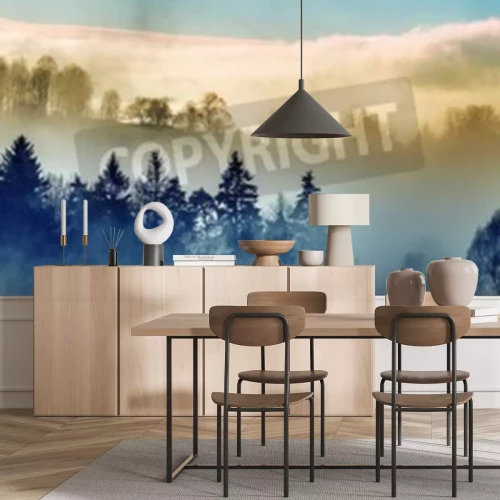 Fotobehang Donkere bomen op een kleurrijke achtergrond