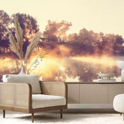 Fotobehang Schaduwen van de bomen bij de rivier