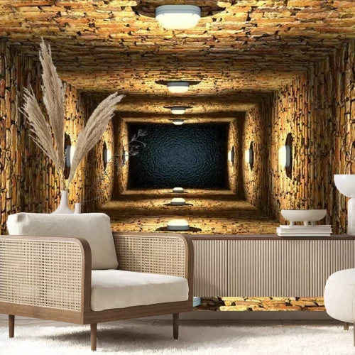 Fotobehang Bovenaanzicht van een oude overstroomde bakstenen schacht