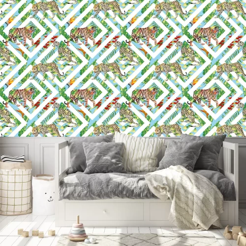 Behang Tijger luipaard naadloze tropische bladeren geometrische achtergrond