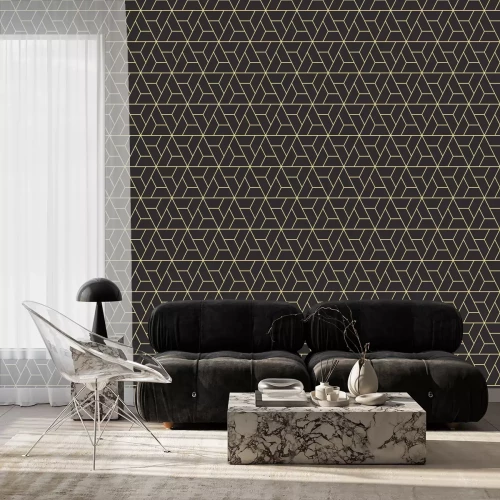 Behang Naadloze antieke palet zwarte en gouden isometrische draaiende driehoeken overzicht patroon vector