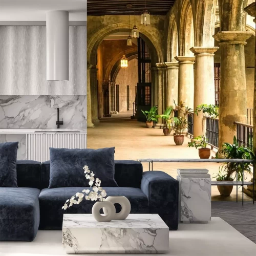 Fotobehang Historisch terras met bloempotten