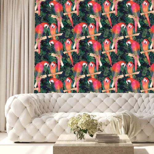 Behang Waterverfpatroon met exotische papegaaivogels