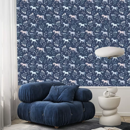 Behang Paarden en bloemen in blauwtinten