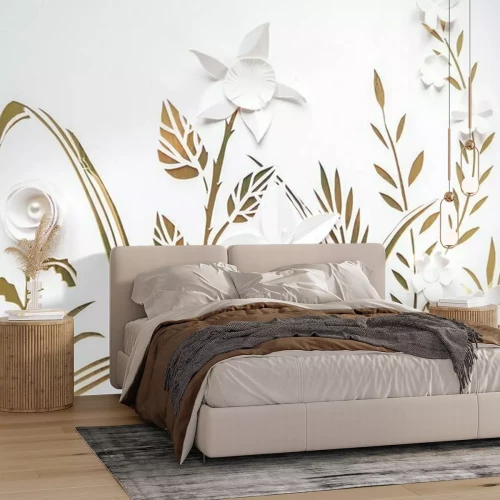 Fotobehang Zomerbloeiende weide. Witte bloemen gesneden van papier op een witte en gouden achtergrond.