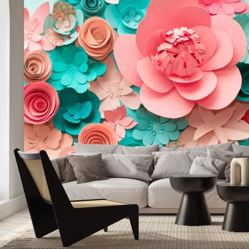 Sticker 3d roze en turquoise papieren bloemen