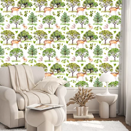 Behang Groene bomen. Park, bospatroon met bosdieren - herten, konijnen, antilopen. Naadloze herhalende achtergrond. Waterverf