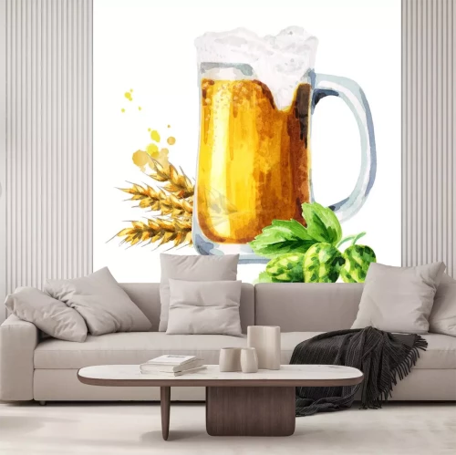 Sticker Mok van lichtbier, hop en mout. Waterverf