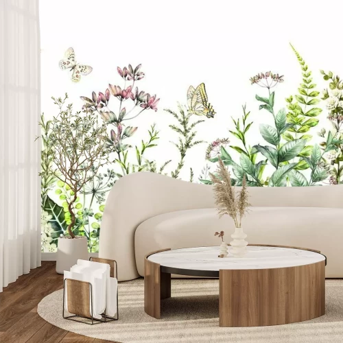 Fotobehang Vlinders vliegen over veldplanten