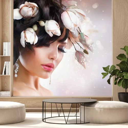 Fotobehang Fashion Brunette Meisje met Magnolia. Kapsel.