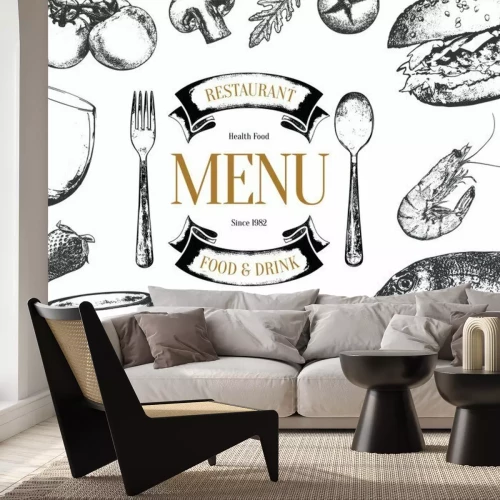 Fotobehang Restaurantmenu ontwerp. Vector menu brochure sjabloon voor cafe, koffiehuis, restaurant, bar. Voedsel en dranken logotype symbool ontwerp. Met een schetsafbeeldingen