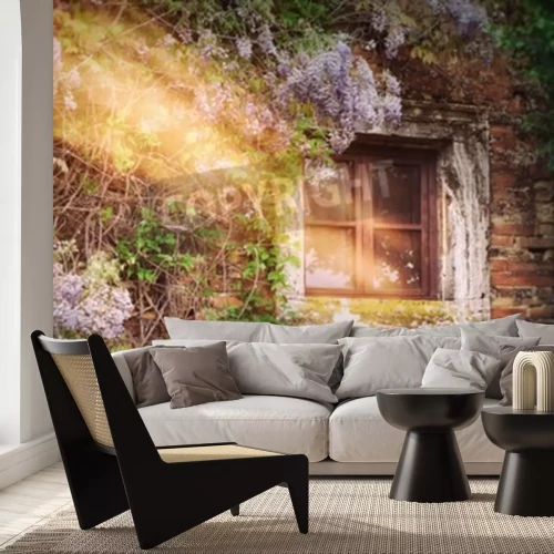 Fotobehang Curling bloeiende boom op de gevel van het landhuis