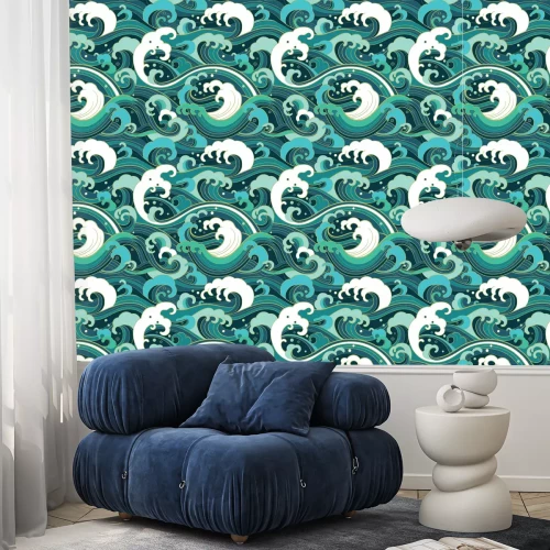 Behang Japanse golven in tinten van de zee