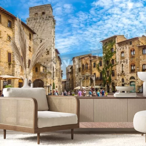 Fotobehang Panoramisch uitzicht op de beroemde Piazza della Cisterna in de historische stad San Gimignano op een zonnige dag, Toscane, Italië