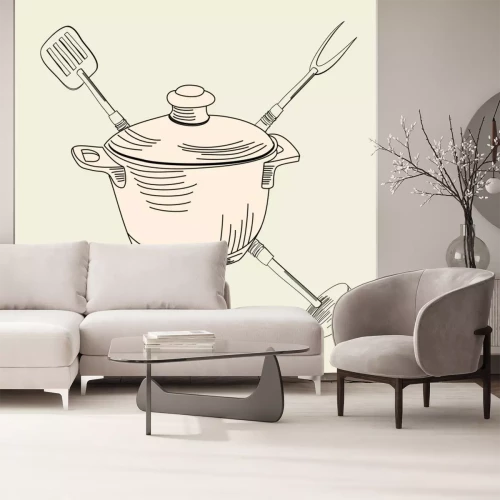 Sticker Pot op de achtergrond van gekruiste keukenaccessoires