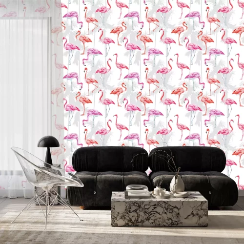 Behang Roze en oranje flamingo's