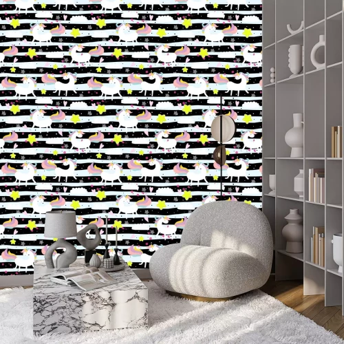 Behang Eenhoorns op een zwart-wit gestreepte achtergrond