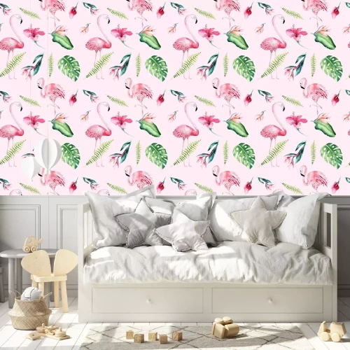Behang Tropische flamingo's en planten op roze achtergrond