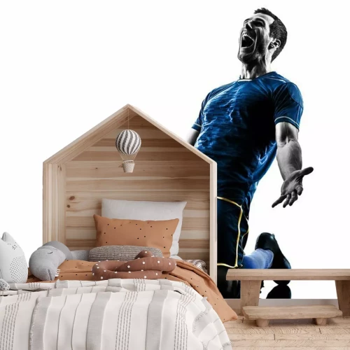 Sticker Lachende voetballer knielende blauwgrijze foto