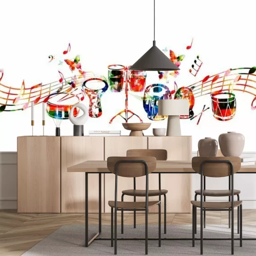 Sticker Muziekinstrumenten achtergrond. Kleurrijke drum, darbuka, bongo drums, Indiase tabla en traditionele Turkse drum met muziek notities geïsoleerde vector illustratie