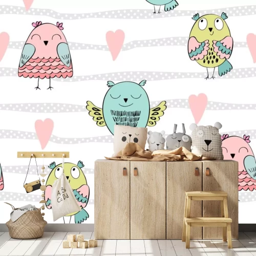 Sticker Kleurrijke uilen onder harten vrolijke illustratie