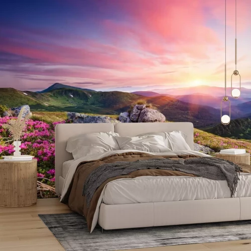 Fotobehang Zomerlandschap met bloemen in de bergen