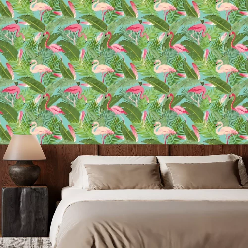 Behang Flamingo's op grote groene bladeren