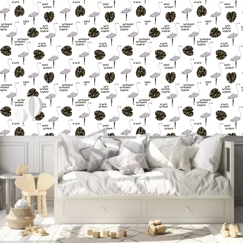 Behang Geschilderde flamingovogels en monsterabladeren