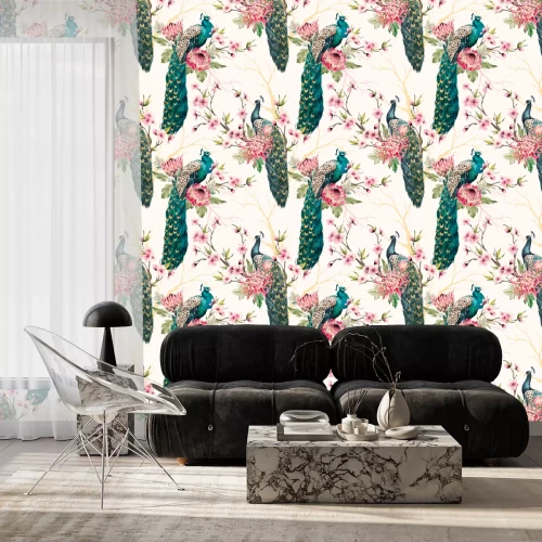 Behang Helder motief met pauwvogels en roze bloemen
