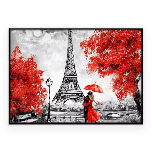 Poster Een stel onder een paraplu met de Eiffeltoren op de achtergrond.