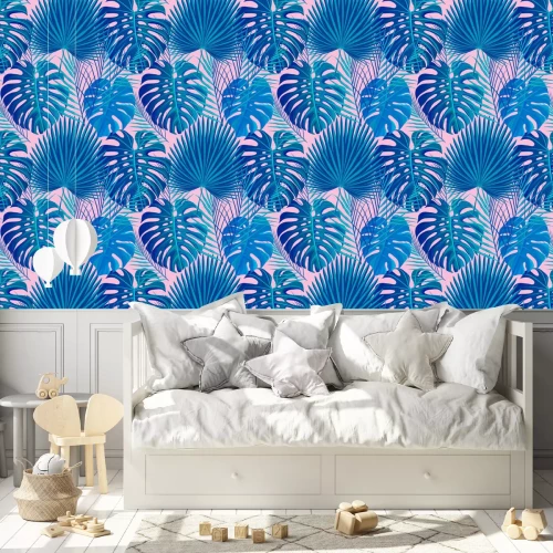 Behang Tropische bladeren op een roze achtergrond