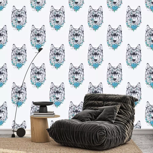 Behang Zwart-witte wolvenkoppen met blauwe bloem