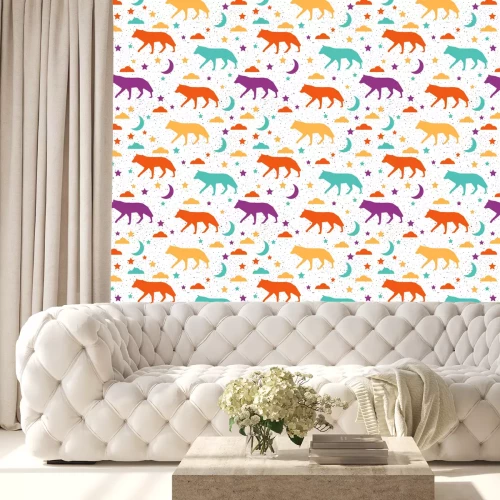 Behang Kleurrijke silhouetten van wolven met sterren en wolken