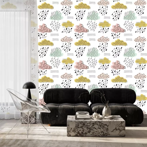 Behang Naadloos patroon met wolken en met de hand getekende vormen. Creatieve vector kinderachtige achtergrond voor stof, textiel