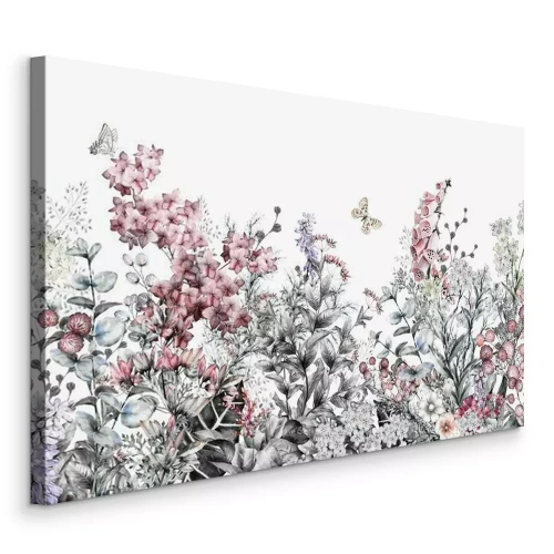Canvas Lentekruiden, bloemen en vlinders