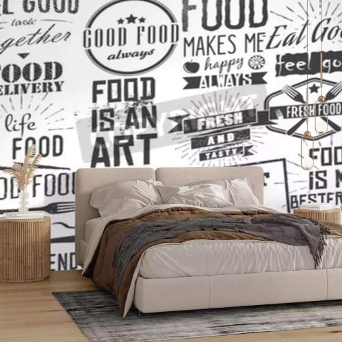 Fotobehang Voedsel gerelateerde typografische citaten, labels, badges, ontwerpelementen.
