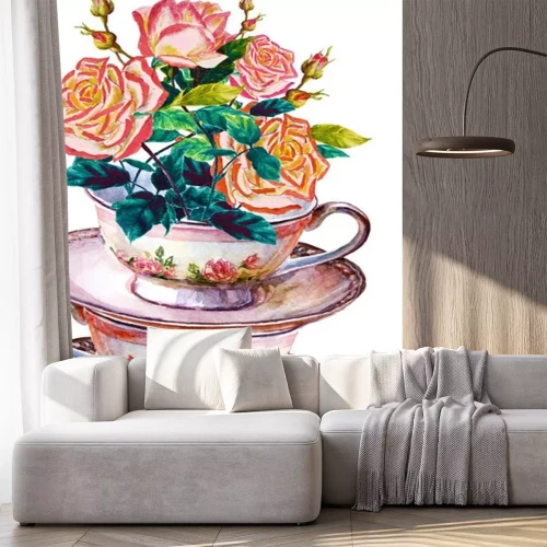 Sticker Stapel kopjes en bloemen