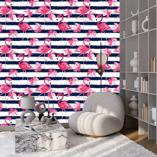 Behang Flamingo's en roze bloemen op een gestreepte achtergrond