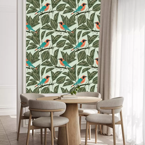 Behang Naadloos patroon met tropische vogels en planten. Exotische flora en fauna. Vintage handgetekende vectorillustratie in aquarelstijl