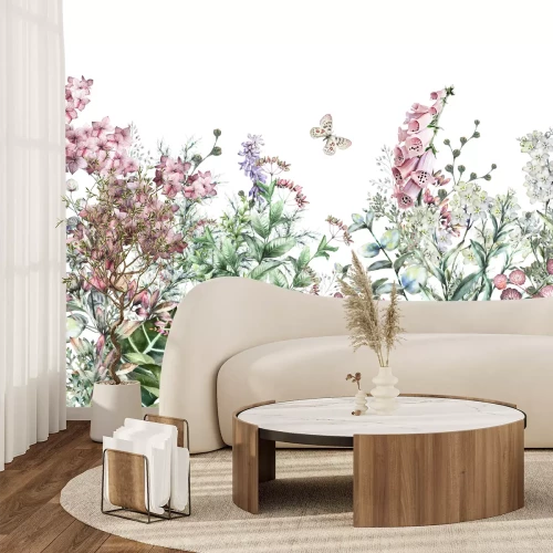 Fotobehang Naadloze rand. Rand met kruiden en wilde bloemen, bladeren. Botanische Illustratie Kleurrijke illustratie op een witte achtergrond. Lente samenstelling met vlinder