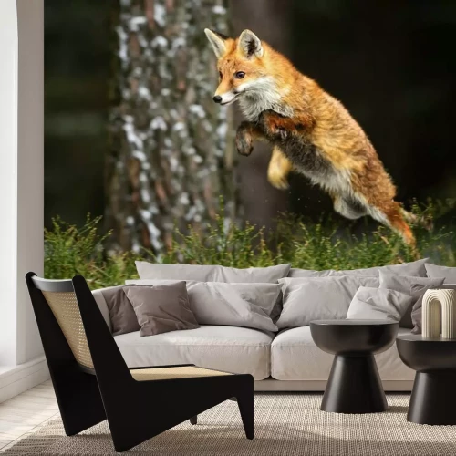 Fotobehang Springende vos in het bos