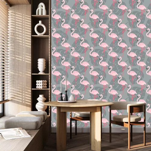 Behang Flamingo's op één poot
