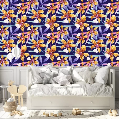 Behang Waterverf orchidee bloemen tropisch patroon