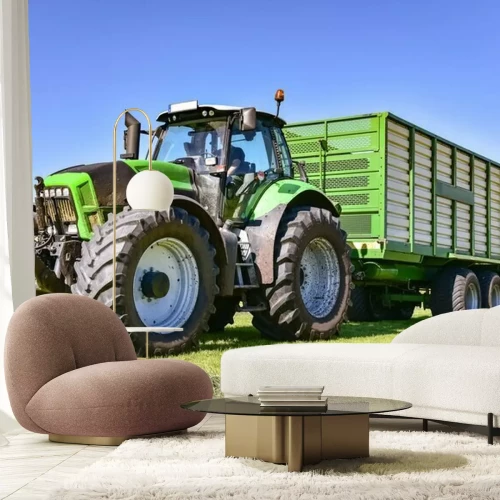 Fotobehang Harvest - Agrarische technologie - terugtrekken van kuilgras met trekker en opraapwagen
