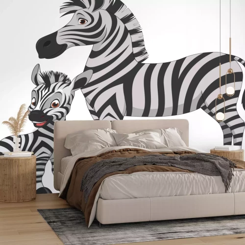 Sticker Vector illustratie, volwassen zebra en jonge zebra, op een witte achtergrond