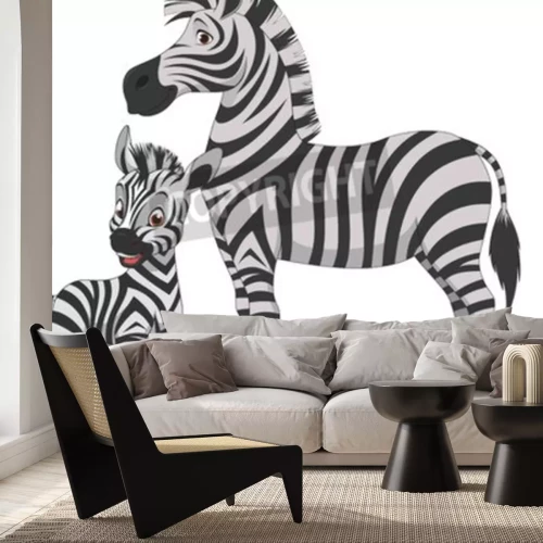 Sticker Vector illustratie, volwassen zebra en jonge zebra, op een witte achtergrond