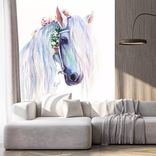 Fotobehang Tekening van een wit paard in pastelkleuren