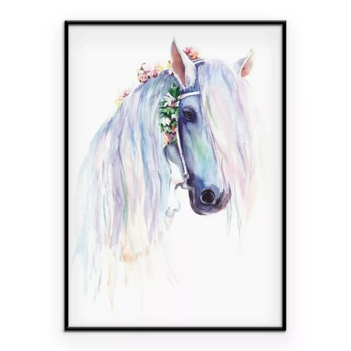 Poster Tekening van een wit paard in pastelkleuren